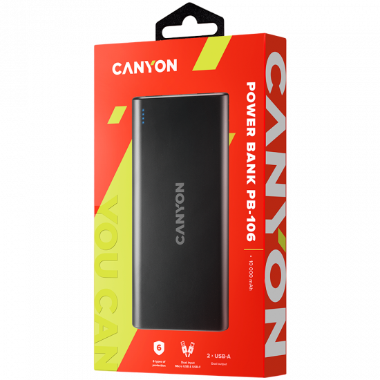 CANYON PB-106 Power bank 10000mAh Li-poly battery, Input 5V/2A, Output 5V/2.1A(Max), USB cable length 0.3m, 140*68*16mm, 0.24Kg, Black CANYON PB-106 Power bank 10000mAh Li-poly battery, Input 5V/2A, Output 5V/2.1A(Max), USB cable length 0.3m, 140*68*16mm, 0.24Kg, Black