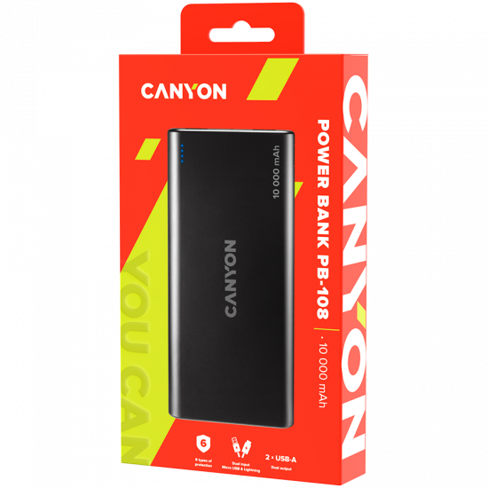 CANYON PB-108 Power bank 10000mAh Li-poly battery, Input 5V/2A, Output 5V/2.1A(Max), 140*68*16mm, 0.230Kg, Black