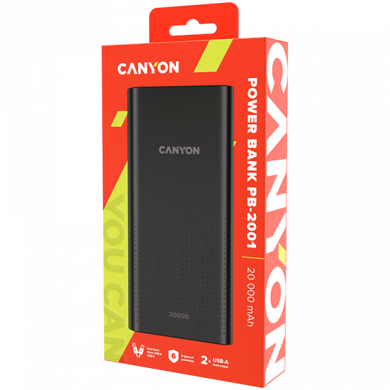 CANYON PB-2001 Power bank 20000mAh Li-poly battery, Input 5V/2A , Output 5V/2.1A(Max), 144*69*28.5mm, 0.440Kg, Black CANYON PB-2001 Power bank 20000mAh Li-poly battery, Input 5V/2A , Output 5V/2.1A(Max), 144*69*28.5mm, 0.440Kg, Black