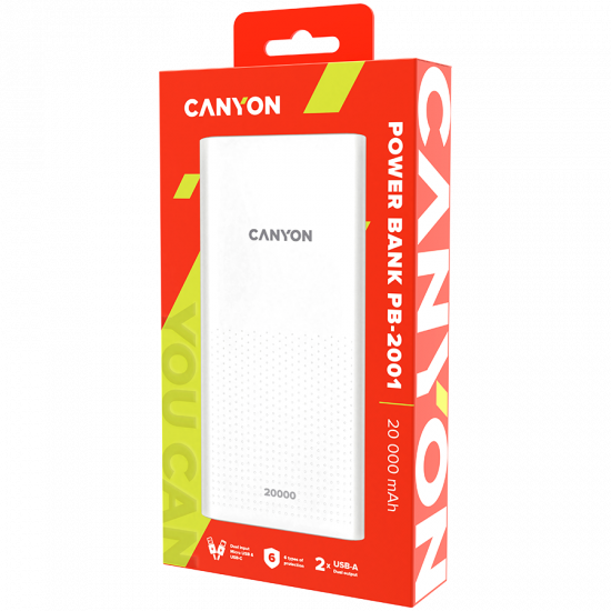 CANYON  PB-2001 Power bank 20000mAh Li-poly battery, Input 5V/2A , Output 5V/2.1A(Max) , 144*69*28.5mm, 0.440Kg, white