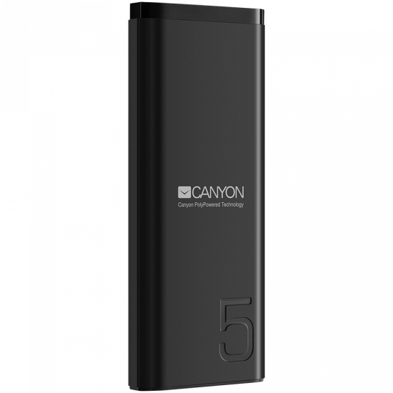 CANYON Power bank 5000mAh Li-poly battery, Input 5V/2A, Output 5V/2.1A, with Smart IC, Black, USB cable length 0.25m, 120*52*12mm, 0.120Kg