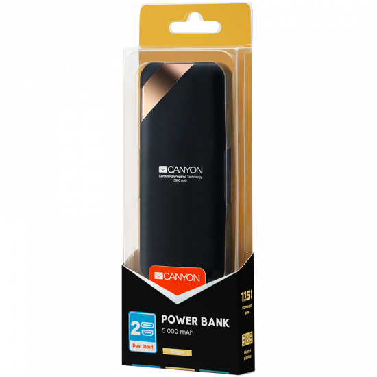 CANYON Power bank 5000mAh Li-poly battery, Input 5V/2A, Output 5V/2.1A, with Smart IC and power display, Black, USB cable length 0.25m, 115*50*12mm, 0.120Kg
