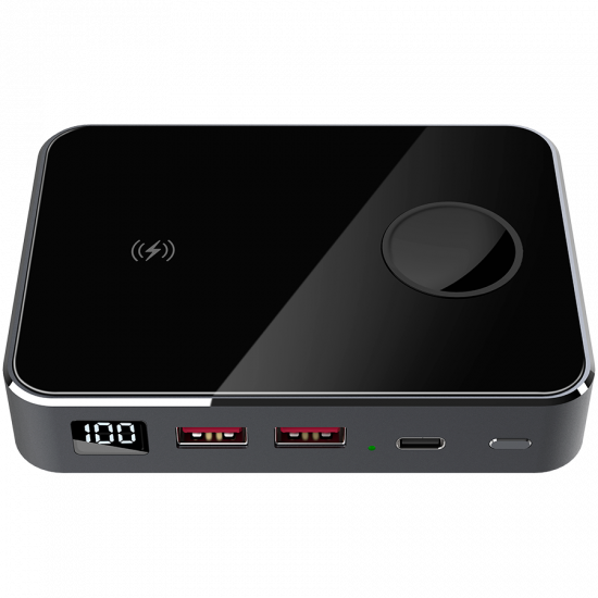 Prestigio Graphene PD Watch Edition, fast charging powerbank, 10000 mAh, 2*USB3.0 QC, 1*Type-C PD, wireless charger 10W, Apple Watch wireless charger 2,5W, LED indicator, leather case, cable type C-USB, 60W adapter, aluminium and tempered glass, black col Prestigio Graphene PD Watch Edition, fast charging powerbank, 10000 mAh, 2*USB3.0 QC, 1*Type-C PD, wireless charger 10W, Apple Watch wireless charger 2,5W, LED indicator, leather case, cable type C-USB, 60W adapter, aluminium and tempered glass, black col