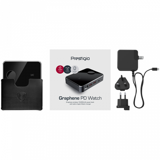 Prestigio Graphene PD Watch Edition, fast charging powerbank, 10000 mAh, 2*USB3.0 QC, 1*Type-C PD, wireless charger 10W, Apple Watch wireless charger 2,5W, LED indicator, leather case, cable type C-USB, 60W adapter, aluminium and tempered glass, black col Prestigio Graphene PD Watch Edition, fast charging powerbank, 10000 mAh, 2*USB3.0 QC, 1*Type-C PD, wireless charger 10W, Apple Watch wireless charger 2,5W, LED indicator, leather case, cable type C-USB, 60W adapter, aluminium and tempered glass, black col