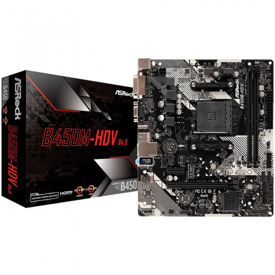 ASROCK Main Board Desktop B450M-HDV R4.0 (SAM4,2xDDR4,1xPCI 3.0x16,1xPCI Ex1,SATA III,1xM.2,1xUlraM.2,USB3.0,GLAN, VGA,DVI,HDMI,) mATX Retail ASROCK Main Board Desktop B450M-HDV R4.0 (SAM4,2xDDR4,1xPCI 3.0x16,1xPCI Ex1,SATA III,1xM.2,1xUlraM.2,USB3.0,GLAN, VGA,DVI,HDMI,) mATX Retail