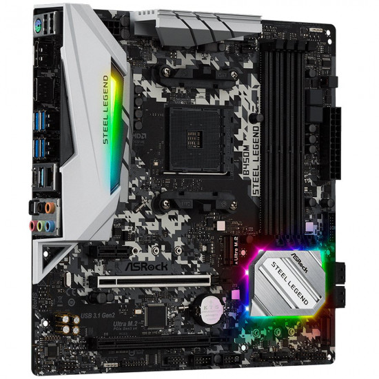ASROCK Main Board Desktop B450M STEEL LEGEND (AM4, B450, 4xDDR4, PCIe3.0 x16, PCIe2.0 x1, 2xM.2, 4xSATA3, USB, HDMI, DP , 1xCOM Port Header, mATX, Retail)