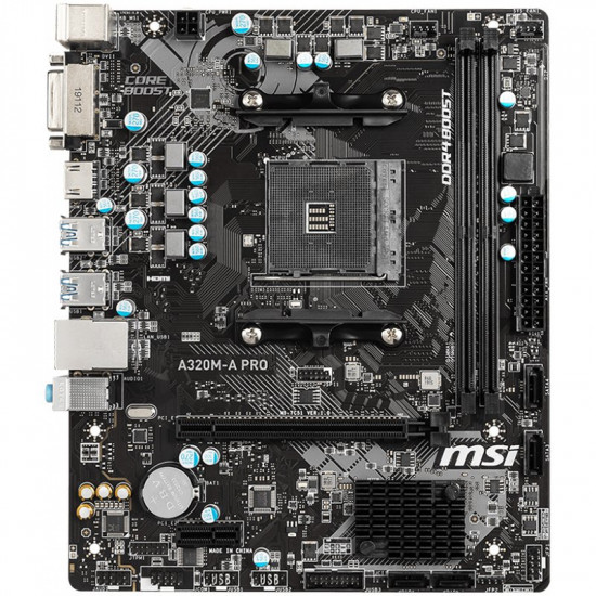 MSI A320M-A PRO,m-ATX,Socket AM4,AMD A320 Chipset,2 DIMMs,Dual Channel DDR4 up to 3200(OC)MHz,1x PCI-E 3.0 x16 slot,4x USB 3.2 Gen1,2x USB 2.0,1x HDMI,1x DVI-D,Gigabit LAN,7.1 HD Audio, 3y warranty