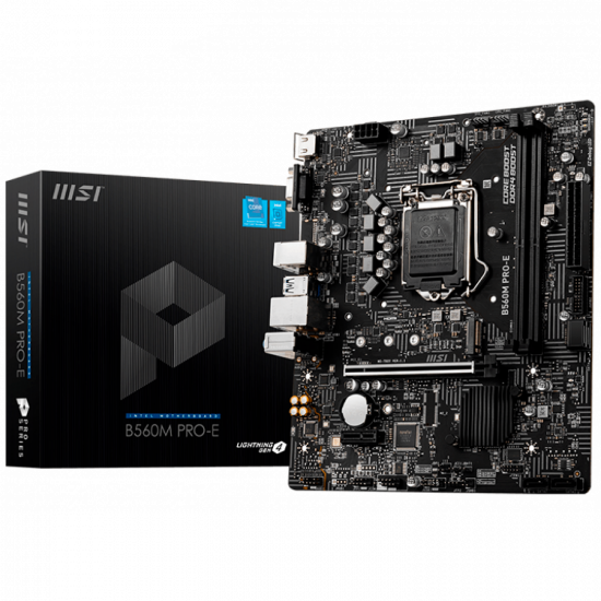 MSI B560M PRO-E,m-ATX,Socket 1200,Intel B560 Chipset,2 DIMMs,Dual Channel DDR4 up to 4800(OC)MHz,1x PCIe x16 slot,1x M.2 slot,2x USB 3.2 Gen 1,4x USB 2.0,1x HDMI,1x VGA,1G LAN,7.1 Audio,3y warranty MSI B560M PRO-E,m-ATX,Socket 1200,Intel B560 Chipset,2 DIMMs,Dual Channel DDR4 up to 4800(OC)MHz,1x PCIe x16 slot,1x M.2 slot,2x USB 3.2 Gen 1,4x USB 2.0,1x HDMI,1x VGA,1G LAN,7.1 Audio,3y warranty
