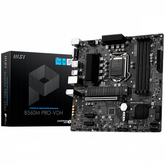 MSI B560M PRO-VDH,m-ATX,Socket 1200,Intel B560 Chipset,4 DIMMs Dual Channel DDR4 up to 5066(OC)MHz,1x PCIe x16 slot,2x M.2 slot,2x USB 3.2 Gen 2,2x USB 3.2 Gen 1,2x USB 2.0,1x HDMI,1x DP,1x VGA,2.5G LAN, 7.1 Audio,3y warranty MSI B560M PRO-VDH,m-ATX,Socket 1200,Intel B560 Chipset,4 DIMMs Dual Channel DDR4 up to 5066(OC)MHz,1x PCIe x16 slot,2x M.2 slot,2x USB 3.2 Gen 2,2x USB 3.2 Gen 1,2x USB 2.0,1x HDMI,1x DP,1x VGA,2.5G LAN, 7.1 Audio,3y warranty