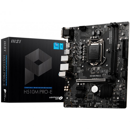 MSI H510M PRO-E, mATX, Socket 1200, Dual Channel DDR4 3200(MAX)MHz, 1x PCIe x16 slot, 1x VGA, 1x HDMI, 2x USB 3.2 Gen 1, 4x USB 2.0, 7.1 HD Audio, 1Gbps LAN, 3Y MSI H510M PRO-E, mATX, Socket 1200, Dual Channel DDR4 3200(MAX)MHz, 1x PCIe x16 slot, 1x VGA, 1x HDMI, 2x USB 3.2 Gen 1, 4x USB 2.0, 7.1 HD Audio, 1Gbps LAN, 3Y