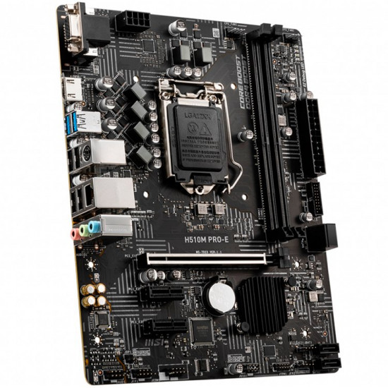 MSI H510M PRO-E, mATX, Socket 1200, Dual Channel DDR4 3200(MAX)MHz, 1x PCIe x16 slot, 1x VGA, 1x HDMI, 2x USB 3.2 Gen 1, 4x USB 2.0, 7.1 HD Audio, 1Gbps LAN, 3Y MSI H510M PRO-E, mATX, Socket 1200, Dual Channel DDR4 3200(MAX)MHz, 1x PCIe x16 slot, 1x VGA, 1x HDMI, 2x USB 3.2 Gen 1, 4x USB 2.0, 7.1 HD Audio, 1Gbps LAN, 3Y