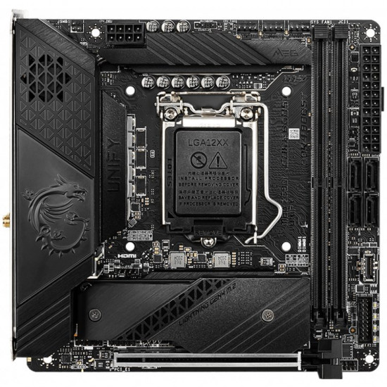 MSI MEG Z590I UNIFY,m-ITX,Socket 1200,Intel Z590 Chipset,2 DIMMs, Dual Channel DDR4 up to 5600(OC)MHz,1x PCIe x16 slot,2x M.2 slots,2x USB 3.2 Gen2,2x USB 3.2 Gen1,2x Thunderbolt 4,1x HDMI,1x DP,WiFi 6E,2.5G LAN, 7.1 Audio,3y warranty