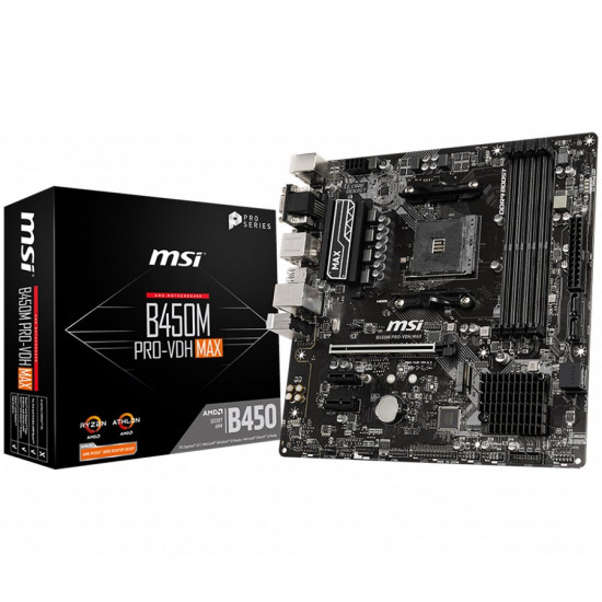 MSI Main Board Desktop B450M PRO-VDH MAX (B450, AM4, 4xDIMMs, 1x PCIe 3.0 x16 slot,1x M.2 slot,4x USB 3.2 Gen1,4x USB 2.0,1x HDMI,1x DVI-D,1x VGA,Gigabit LAN, 7.1 HD Audio, mATX, Retail) MSI Main Board Desktop B450M PRO-VDH MAX (B450, AM4, 4xDIMMs, 1x PCIe 3.0 x16 slot,1x M.2 slot,4x USB 3.2 Gen1,4x USB 2.0,1x HDMI,1x DVI-D,1x VGA,Gigabit LAN, 7.1 HD Audio, mATX, Retail)