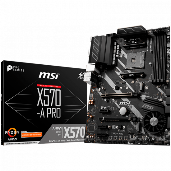MSI X570-A PRO, ATX, AMD AM4 socket, 2x PCI-E 4.0 x16, HDMI, 4 DIMMs, Dual Channel DDR4-4400(OC), 3x PCIe 3.0, 3x PCIe 3.0 x1, 1x M.2(Gen4 x4), 6x SATA 6Gb/s, 2x USB 3.2 Gen2, 8x USB 3.2 Gen1, 6x USB 2.0, RTL8111H LAN, 7.1 HD Audio