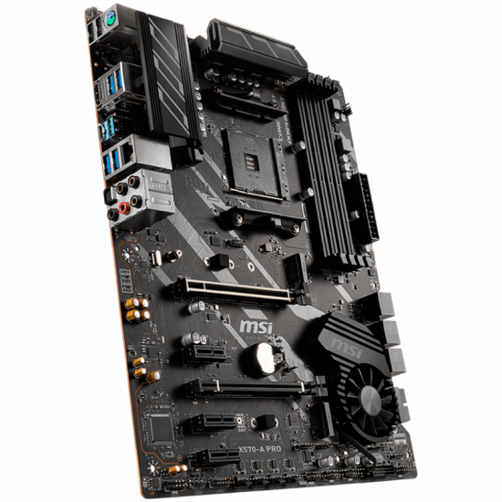 MSI X570-A PRO, ATX, AMD AM4 socket, 2x PCI-E 4.0 x16, HDMI, 4 DIMMs, Dual Channel DDR4-4400(OC), 3x PCIe 3.0, 3x PCIe 3.0 x1, 1x M.2(Gen4 x4), 6x SATA 6Gb/s, 2x USB 3.2 Gen2, 8x USB 3.2 Gen1, 6x USB 2.0, RTL8111H LAN, 7.1 HD Audio