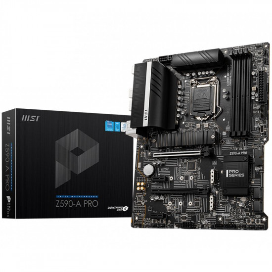 MSI Z590-A PRO,ATX,Socket 1200,Intel Z590 Chipset,4 DIMMs,Dual Channel DDR4 up to 5333(OC)MHz,2x PCIe x16 slots,3x M.2 slots,1x USB 3.2 Gen 2x2 Type-C,1x USB 3.2 Gen 2,2x USB 3.2 Gen 1,1x HDMI,1x DP,2.5G LAN,7.1 Audio,3y warranty MSI Z590-A PRO,ATX,Socket 1200,Intel Z590 Chipset,4 DIMMs,Dual Channel DDR4 up to 5333(OC)MHz,2x PCIe x16 slots,3x M.2 slots,1x USB 3.2 Gen 2x2 Type-C,1x USB 3.2 Gen 2,2x USB 3.2 Gen 1,1x HDMI,1x DP,2.5G LAN,7.1 Audio,3y warranty