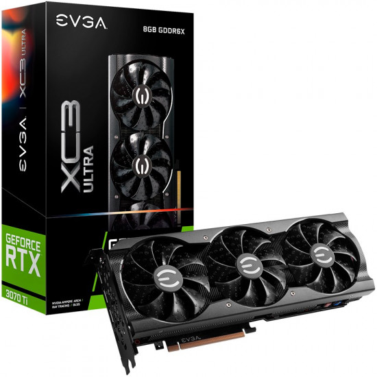 Видео карта EVGA GeForce RTX 3070 Ti XC3 ULTRA GAMING, 8GB GDDR6X, 256 Bit, 608 GB/s, 19000 MHz Effective Mem Clock, 1815 MHz Boost, 6144 CUDA Cores, 3x DP, HDMI 2.1, RAY TRACING, Triple Fans, iCX3 Technology, ARGB LED, 750W or greater PSU, Metal Backplat Видео карта EVGA GeForce RTX 3070 Ti XC3 ULTRA GAMING, 8GB GDDR6X, 256 Bit, 608 GB/s, 19000 MHz Effective Mem Clock, 1815 MHz Boost, 6144 CUDA Cores, 3x DP, HDMI 2.1, RAY TRACING, Triple Fans, iCX3 Technology, ARGB LED, 750W or greater PSU, Metal Backplat
