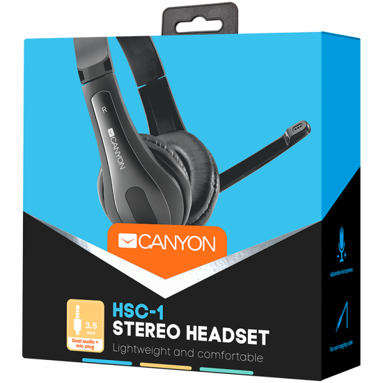 Слушалки CANYON HSC-1 basic PC headset with microphone, combined 3.5mm plug, leather pads, Flat cable length 2.0m, 160*60*160mm, 0.13kg, Black Слушалки CANYON HSC-1 basic PC headset with microphone, combined 3.5mm plug, leather pads, Flat cable length 2.0m, 160*60*160mm, 0.13kg, Black