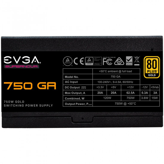 EVGA SuperNOVA 750 GA, 80 Plus GOLD 750W, Fully Modular, Eco Mode, Includes Power ON Self Tester, Compact 150mm Size, 10 Year Warranty
