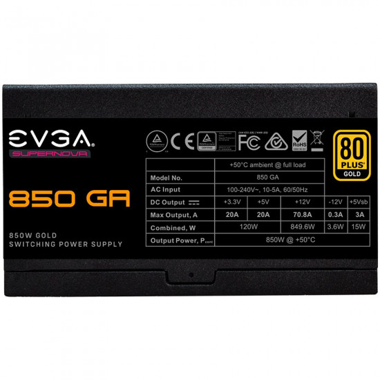 EVGA SuperNOVA 850 GA, 80 Plus GOLD 850W, Fully Modular, Eco Mode, Includes Power ON Self Tester, Compact 150mm Size, 10 Year Warranty