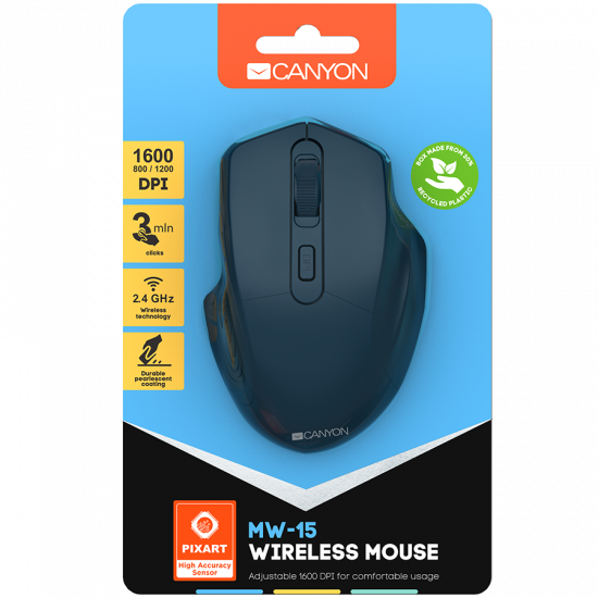 CANYON 2.4GHz Wireless Optical Mouse with 4 buttons, DPI 800/1200/1600, Dark Blue, 115*77*38mm, 0.064kg CANYON 2.4GHz Wireless Optical Mouse with 4 buttons, DPI 800/1200/1600, Dark Blue, 115*77*38mm, 0.064kg