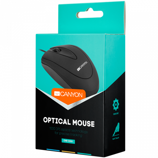 CANYON CM-1 wired optical Mouse with 3 buttons, DPI 1000, Black, cable length 1.8m, 100*51*29mm, 0.07kg CANYON CM-1 wired optical Mouse with 3 buttons, DPI 1000, Black, cable length 1.8m, 100*51*29mm, 0.07kg