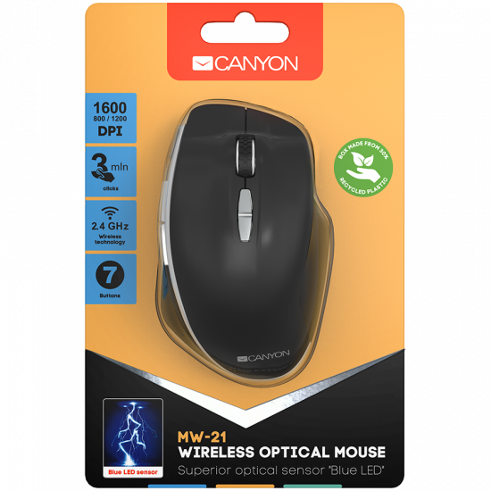 Canyon 2.4 GHz Wireless mouse ,with 7 buttons, DPI 800/1200/1600, Battery: AAA*2pcs,Black,72*117*41mm, 0.075kg Canyon 2.4 GHz Wireless mouse ,with 7 buttons, DPI 800/1200/1600, Battery: AAA*2pcs,Black,72*117*41mm, 0.075kg