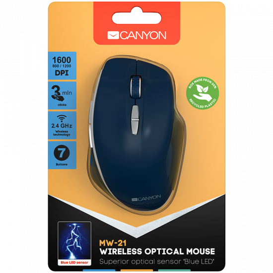 Canyon  2.4 GHz  Wireless mouse ,with 7 buttons, DPI 800/1200/1600, Battery: AAA*2pcs,Blue,72*117*41mm, 0.075kg