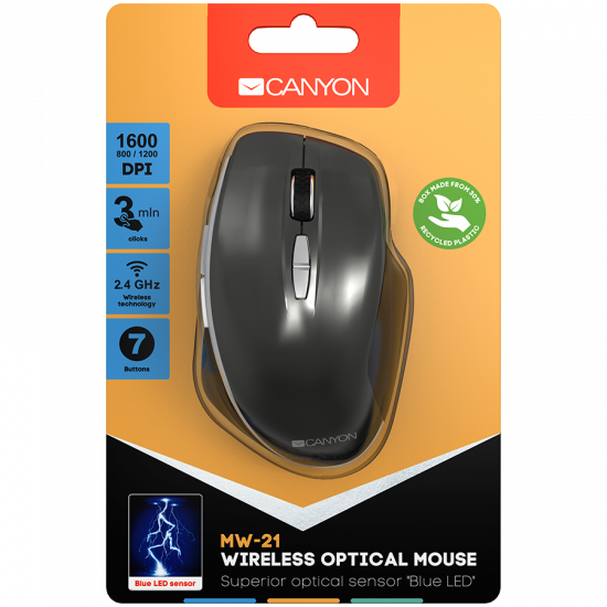 Canyon 2.4 GHz Wireless mouse ,with 7 buttons, DPI 800/1200/1600, Battery:AAA*2pcs ,Dark gray72*117*41mm 0.075kg Canyon 2.4 GHz Wireless mouse ,with 7 buttons, DPI 800/1200/1600, Battery:AAA*2pcs ,Dark gray72*117*41mm 0.075kg