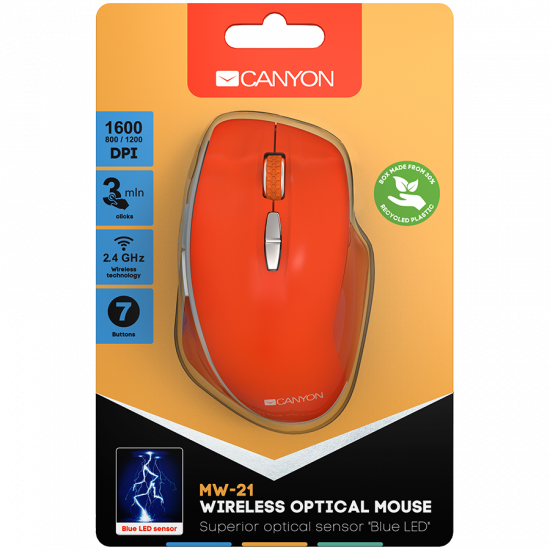 Canyon  2.4 GHz  Wireless mouse ,with 7 buttons, DPI 800/1200/1600, Battery:AAA*2pcs  ,Red 72*117*41mm 0.075kg