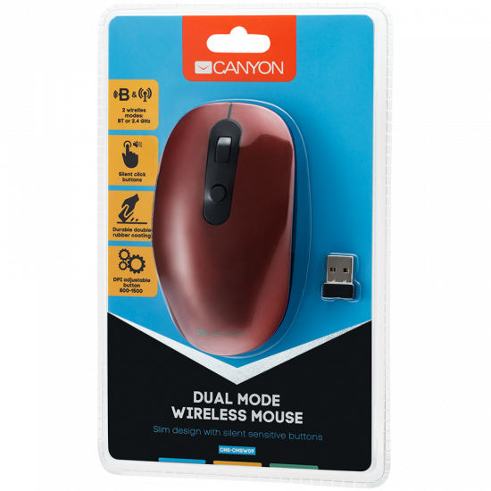 Canyon 2 in 1 Wireless optical mouse with 6 buttons, DPI 800/1000/1200/1500, 2 mode(BT/ 2.4GHz), Battery AA*1pcs, Red, silent switch for right/left keys, 65.4*112.25*32.3mm, 0.092kg Canyon 2 in 1 Wireless optical mouse with 6 buttons, DPI 800/1000/1200/1500, 2 mode(BT/ 2.4GHz), Battery AA*1pcs, Red, silent switch for right/left keys, 65.4*112.25*32.3mm, 0.092kg
