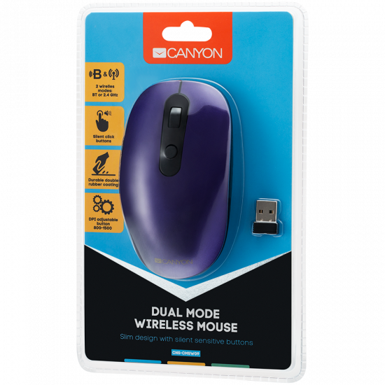Canyon 2 in 1 Wireless optical mouse with 6 buttons, DPI 800/1000/1200/1500, 2 mode(BT/ 2.4GHz), Battery AA*1pcs, Violet, silent switch for right/left keys, 65.4*112.25*32.3mm, 0.092kg Canyon 2 in 1 Wireless optical mouse with 6 buttons, DPI 800/1000/1200/1500, 2 mode(BT/ 2.4GHz), Battery AA*1pcs, Violet, silent switch for right/left keys, 65.4*112.25*32.3mm, 0.092kg