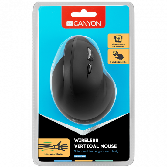 CANYON MW-16 wireless Vertical mouse, USB2.4GHz, Optical Technology, 6 number of buttons, USB 2.0, resolution: 800/1200/1600 DPI, black, size: 86*115*71mm,90g CANYON MW-16 wireless Vertical mouse, USB2.4GHz, Optical Technology, 6 number of buttons, USB 2.0, resolution: 800/1200/1600 DPI, black, size: 86*115*71mm,90g