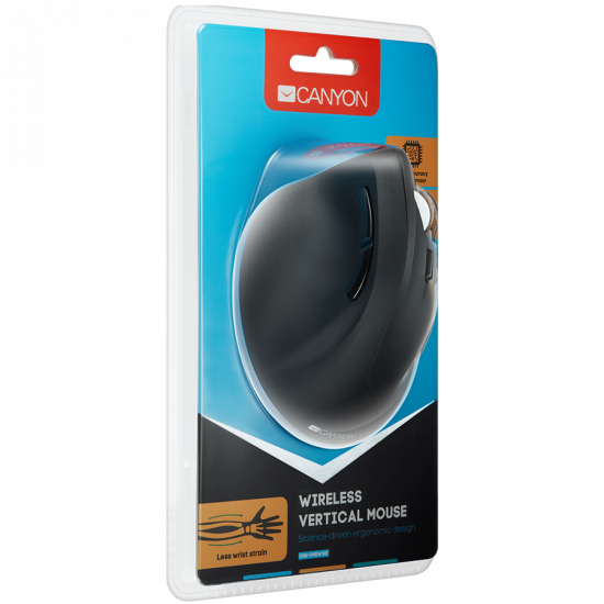 CANYON MW-16 wireless Vertical mouse, USB2.4GHz, Optical Technology, 6 number of buttons, USB 2.0, resolution: 800/1200/1600 DPI, black, size: 86*115*71mm,90g CANYON MW-16 wireless Vertical mouse, USB2.4GHz, Optical Technology, 6 number of buttons, USB 2.0, resolution: 800/1200/1600 DPI, black, size: 86*115*71mm,90g