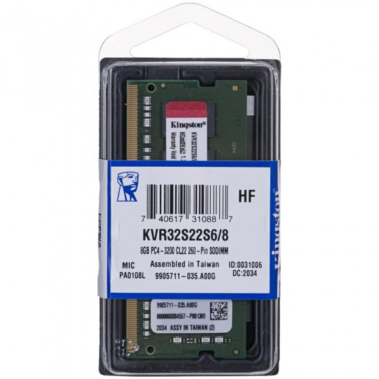 Памет Kingston DRAM 8GB 3200MHz DDR4 Non-ECC CL22 SODIMM 1Rx16 EAN: 740617310887 Памет Kingston DRAM 8GB 3200MHz DDR4 Non-ECC CL22 SODIMM 1Rx16 EAN: 740617310887
