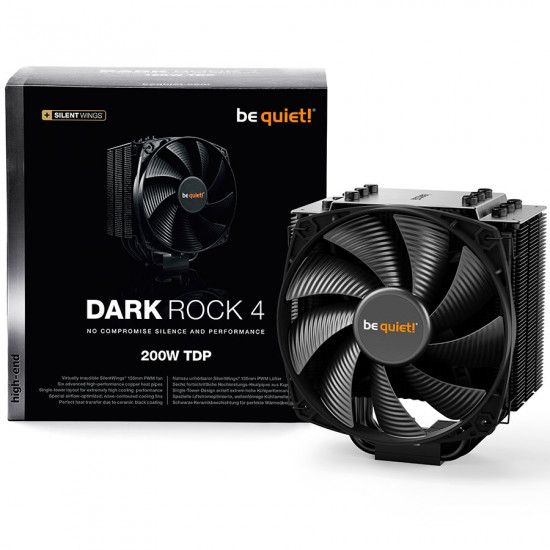 be quiet! Dark Rock 4 Intel: LGA 1150 / 1151 / 1155 / 1156 / 1366 / 2011(-3) Square ILM / 2066, AMD: AM2(+) / AM3(+) / AM4 / FM1 / FM2(+), 1x Silent Wings 135mm PWM, TDP (W): 200, 1400 rpm, 10.5 dB - 21.4 dB be quiet! Dark Rock 4 Intel: LGA 1150 / 1151 / 1155 / 1156 / 1366 / 2011(-3) Square ILM / 2066, AMD: AM2(+) / AM3(+) / AM4 / FM1 / FM2(+), 1x Silent Wings 135mm PWM, TDP (W): 200, 1400 rpm, 10.5 dB - 21.4 dB