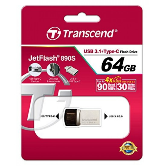 Transcend 64GB JETFLASH 890S, USB 3.1 Type C, Silver Plating Transcend 64GB JETFLASH 890S, USB 3.1 Type C, Silver Plating