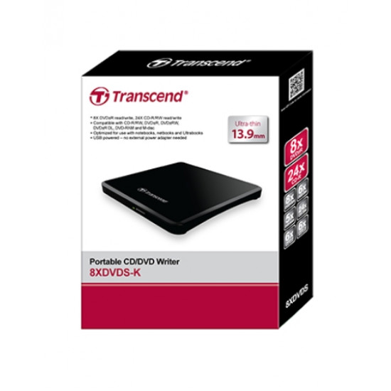 Transcend 8X DVD, Slim Type, USB (Black), 13.9mm Thickness