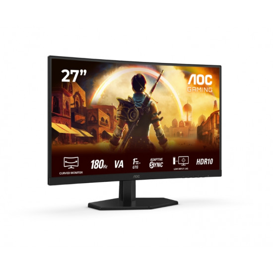 AOC C27G42E, 27" Curved 1500R, VA, WLED, 1920x1080@180Hz, 1ms GtG, 0.5ms MPRT, 300cd m/2, 3000:1, 80M:1 DCR, Adaptive Sync, FlickerFree, Low Blue Light, 2Wx2, Tilt, 2xHDMI, DP