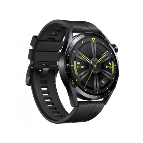 Часовник Huawei Watch GT 3 46mm, Active Jupiter-B19S, 1.43", Amoled, 466x466, PPI 326, 4GB, Bluetooth 5.2 supports BLE/BR/EDR, 5ATM, NFC, GPS, Battery 455 maAh, Black Fluoroelastomer Strap