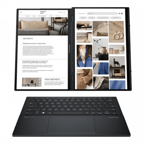 Лаптоп Asus ZenBook Duo 14 UX8406CA-PZ042X, Screen Pad Plus, INTEL ARL H Core Ultra 9 14" OLED, WQXGA+ ( 2880X1800 ) 16:10Touch, 32GB, 2TB SSD, Soft Keyboard, Windows 11 Pro,Gray, BackpackSleeve Лаптоп Asus ZenBook Duo 14 UX8406CA-PZ042X, Screen Pad Plus, INTEL ARL H Core Ultra 9 14" OLED, WQXGA+ ( 2880X1800 ) 16:10Touch, 32GB, 2TB SSD, Soft Keyboard, Windows 11 Pro,Gray, BackpackSleeve