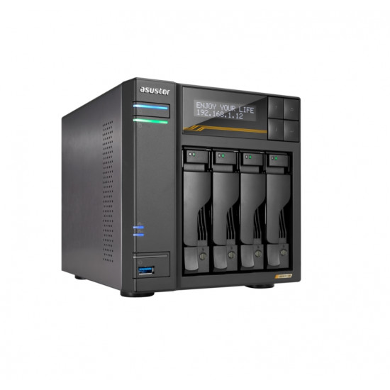 Asustor Lockerstor 4 Gen3 AS6804T 4 Bay NAS, AMD Ryzen Embedded Quad-Core 2.3GHz (burst up to 3.8GHz), Dual USB 4 Ports, Dual 10GbE Ports, Dual 5GbE Ports, 16G ECC RAM DDR5 (Max. 64GB) 4x M.2 SSD Slots (Diskless), 2 x Type C, Black