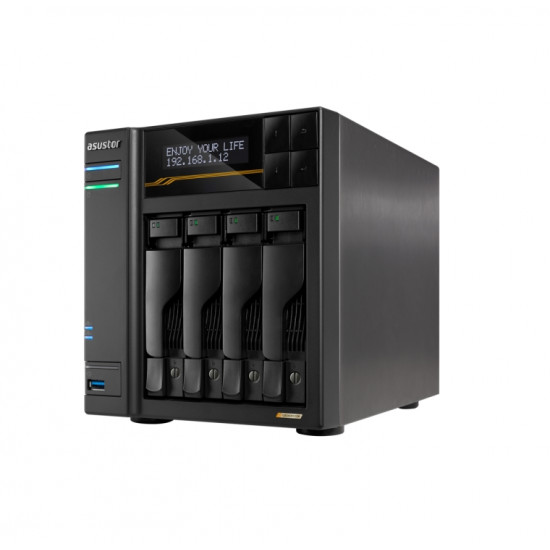 Asustor Lockerstor 4 Gen3 AS6804T 4 Bay NAS, AMD Ryzen Embedded Quad-Core 2.3GHz (burst up to 3.8GHz), Dual USB 4 Ports, Dual 10GbE Ports, Dual 5GbE Ports, 16G ECC RAM DDR5 (Max. 64GB) 4x M.2 SSD Slots (Diskless), 2 x Type C, Black