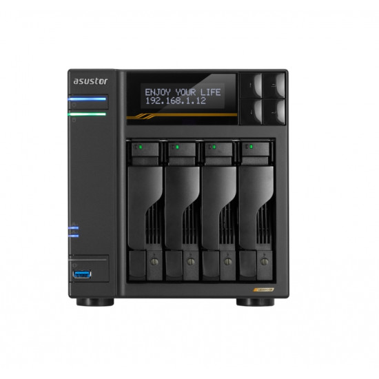 Asustor Lockerstor 4 Gen3 AS6804T 4 Bay NAS, AMD Ryzen Embedded Quad-Core 2.3GHz (burst up to 3.8GHz), Dual USB 4 Ports, Dual 10GbE Ports, Dual 5GbE Ports, 16G ECC RAM DDR5 (Max. 64GB) 4x M.2 SSD Slots (Diskless), 2 x Type C, Black