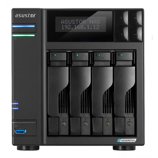 Asustor Lockerstor AS6704T,4 Bay NAS, Intel Jasper Lake Quad-Core 2.0GHz, 4GB RAM DDR4, 2.5GbE x 2, M.2 SSD Slotsx4 (Diskless), USB 3.2 Gen 2x2, Ttoolless installation, with hot-swappable tray, hardware encryption, MyArchive, EZ connect, EZ Sync, Black