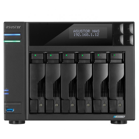 Asustor Lockerstor  AS6706,6 Bay NAS, Intel Jasper Lake Quad-Core 2.0GHz, 8GB RAM DDR4, 2.5GbEx2, M.2 SSD Slots x 4 (Diskless), USB 3.2 Gen 2x2, Ttoolless installation, with hot-swappable tray, hardware encryption, MyArchive, EZ connect, EZ Sync, Black