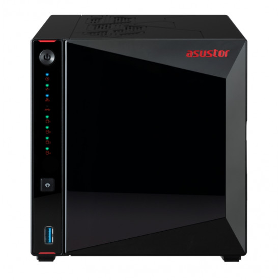 Asustor Nimbustor AS5404T, 4 Bay NAS, Quad-Core 2.0GHz CPU, Dual 2.5GbE Ports, 4GB SO-DIMM DDR4 (Max. 16GB), Four M.2 SSD Slots (Diskless), 3x USB 3.2 Gen 1 Type A, WOW (Wake on WAN), WOL, System Sleep Mode, AES-NI hardware, encryption, Black