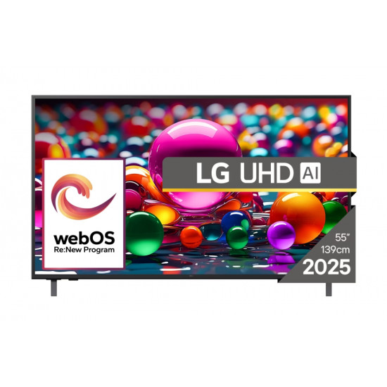 Телевизор LG 55UA75003LA, 55" 4K UltraHD TV 4K (3840x2160), DVB-T2/C/S2, webOS 25 Smart, ThinQ AI, Alpha 7 AI Processor, WiFi, HDR10 pro, HLG, ALLM/HGiG, 4K Upscaling, AI Sound pro, Multiple View, HDMI eARC, LAN, USB, Bluetooth, Google Cast, 2 Pole S