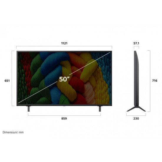 Телевизор LG 50NANO80A3B, 50" 4K HDR Smart Nano Cell TV, 3840x2160, DVB-T2/C/S2, AI Alpha 7, HDR 10 PRO, webOS 25, ThinQ AI, VRR, ALLM, HGiG, WiFi, Clear Voice, AI Upscaling, Bluetooth, Hdmi e-ARC , CI, LAN, AirPlay2, Chromecast, 2 Pole stand, Black