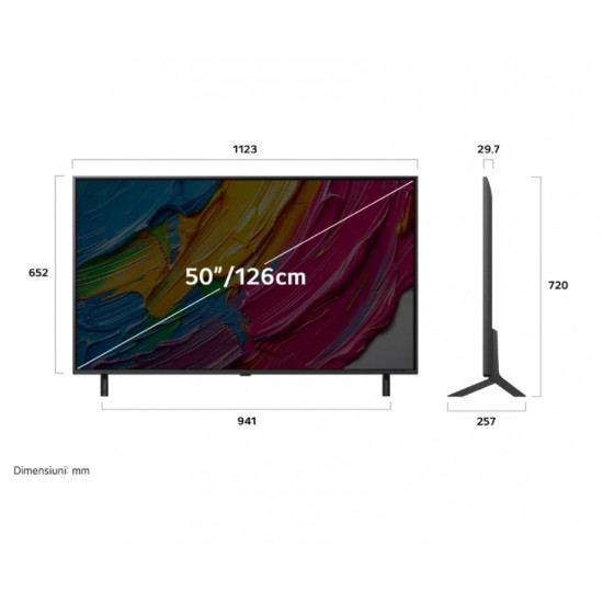 Телевизор LG 50QNED80A3A, 50" 4K QNED HDR Smart TV, 3840x2160, DVB-T2/C/S2, Alpha 7 AI Processor, HDR10 / HLG, webOS 25 ThinQ, VRR / ALLM / HGiG, 4K Upscaling, WiFi 5, Voice Controll, Bluetooth 5.1, AirPlay 2, LAN, CI, HDMI, SPDIF, Google Cast, 2 pol